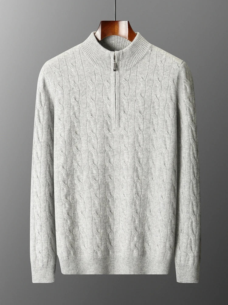 Autumn Winter Men Half Zippers 100% Merino Wool Sweater Thicken Twist Flower Pullover Retro Casual Cashmere Knitwear Solid Tops