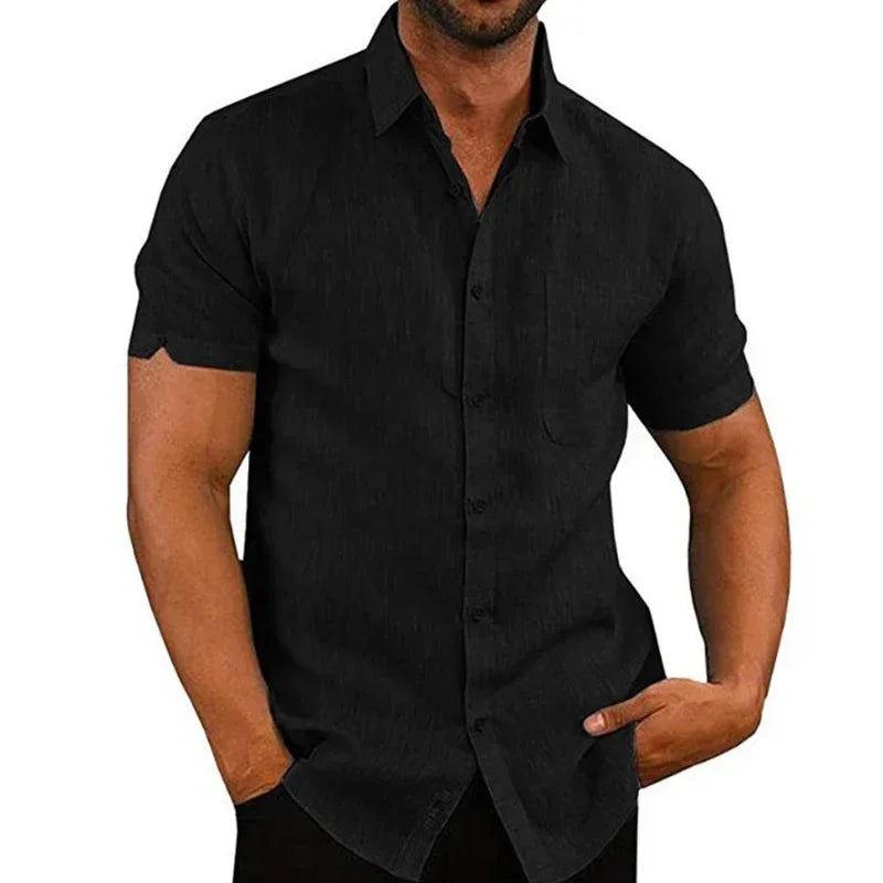 Men’s Cotton‑Linen Summer Shirt – Solid Short‑Sleeve Turn‑Down Collar Casual & Beachwear Top