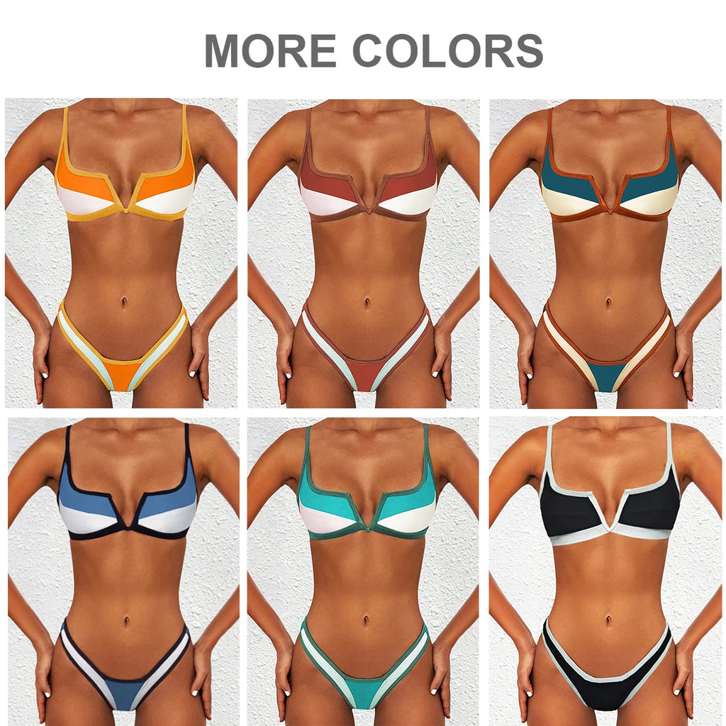 Vintage Retro Bikini Patchwork Swimsuit Thong Brazilian Sexy Swimwear Female 2024 New Summer Micro V-bar Green Bathing Suits