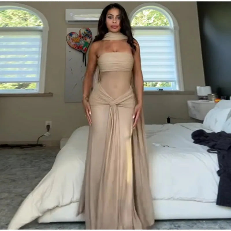 Sexy Ribbon Sparkle Strapless Draped Maxi Dress Women Sleeveless Backless Bodycon Long Dresses 2025 New Lady Club Party Robes
