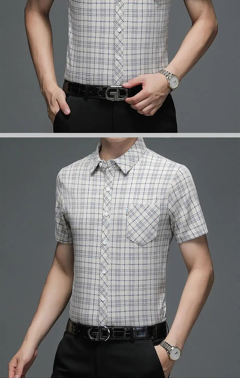 Grey Plaid Short‑Sleeve Button‑Down Shirt