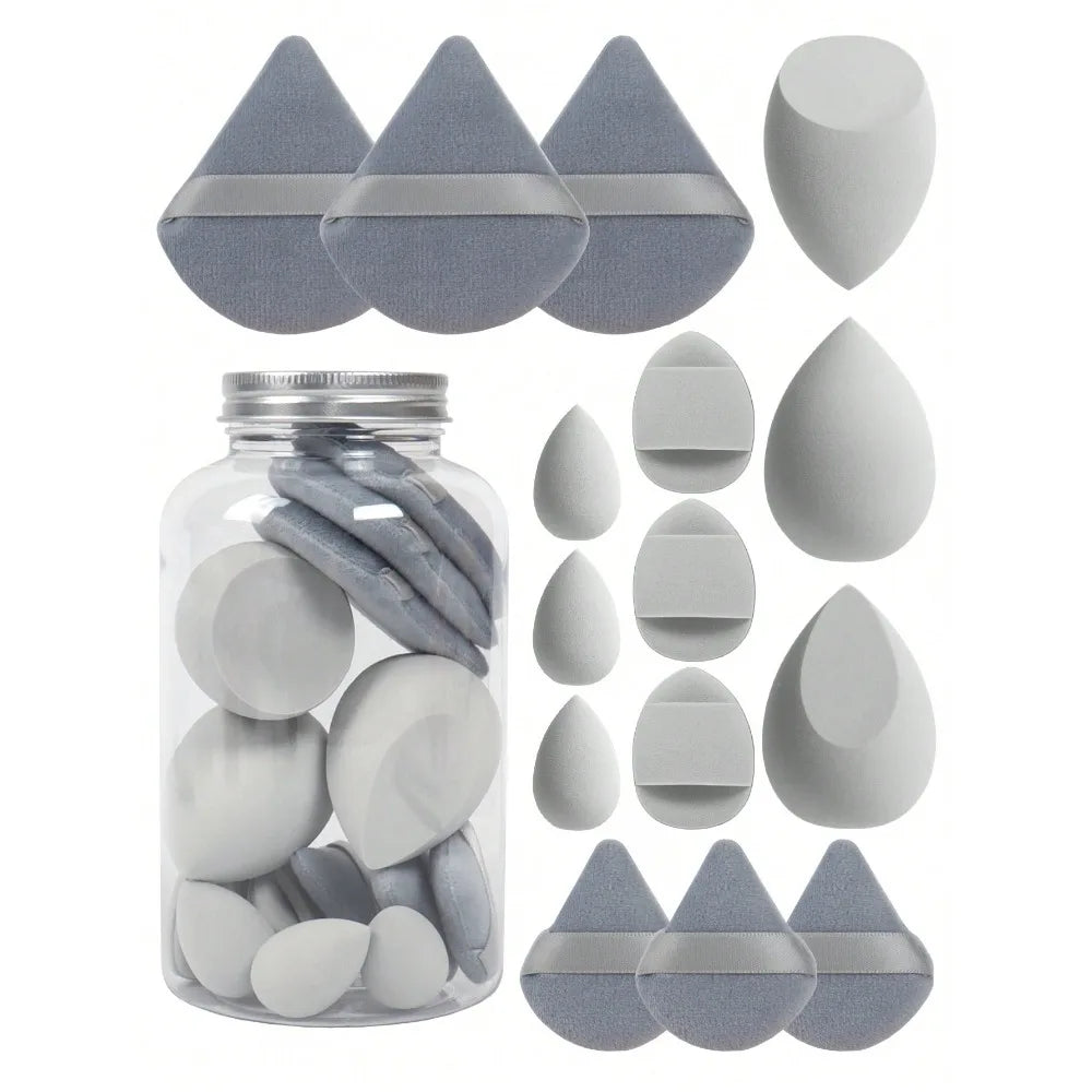 15pcs Makeup Sponge Set with Storage Jar – Powder Puff, Mini Finger Puff & Triangle Air Cushion Blenders
