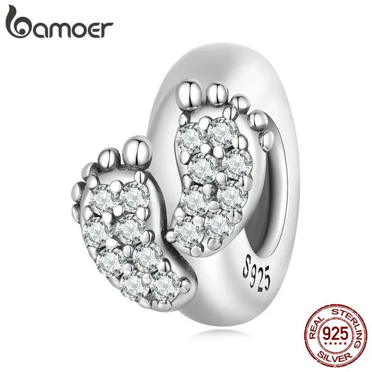 Bamoer 925 Sterling Silver Baby Feet Silicone Bead Accessory for Women Bracelet Bangle DIY Mother's Day Gift BSC688