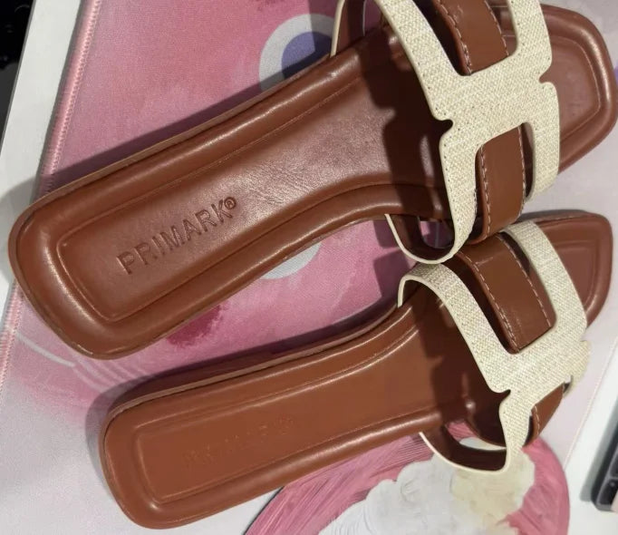 Women’s French Square Toe Slides — Multicolor H‑Slippers Summer Beach Sandals High‑Quality Designer Style