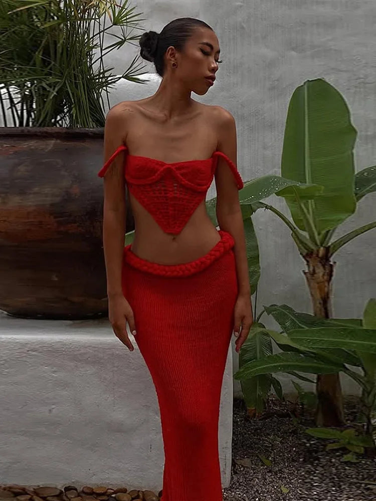 Women’s Crochet Halter Bikini Top & Fishtail Skirt Set – Hollow‑Out Backless Beachwear Outfit