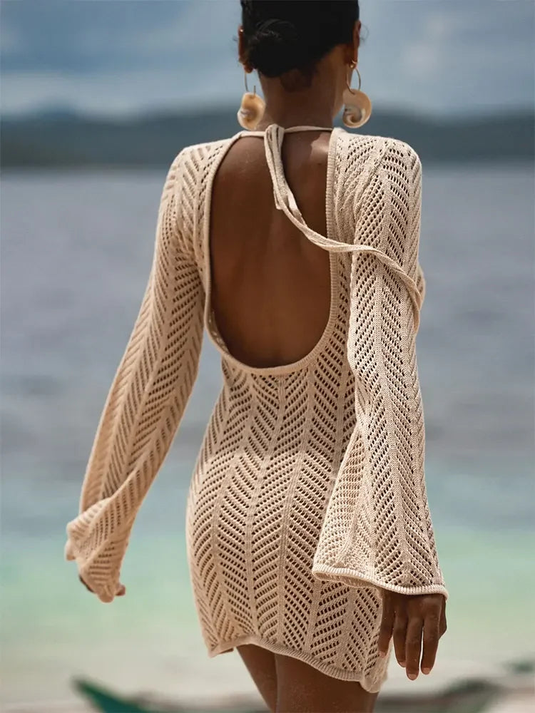 Women’s 2026 Knit Backless Tassel Cover‑Up – Lace‑Up Cut‑Out Bell Sleeve Mini Dress K110
