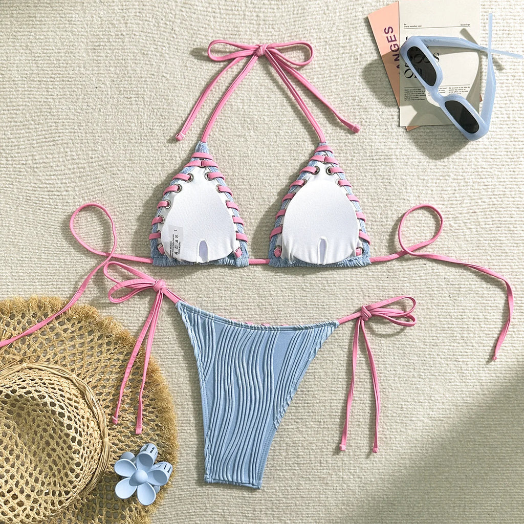 Halter Wrinkled Weave Bikini Set Women Swimwear Female Swimsuit Two Pieces Bikini Set Brazilian Bathing Suit Swim Beach Wear