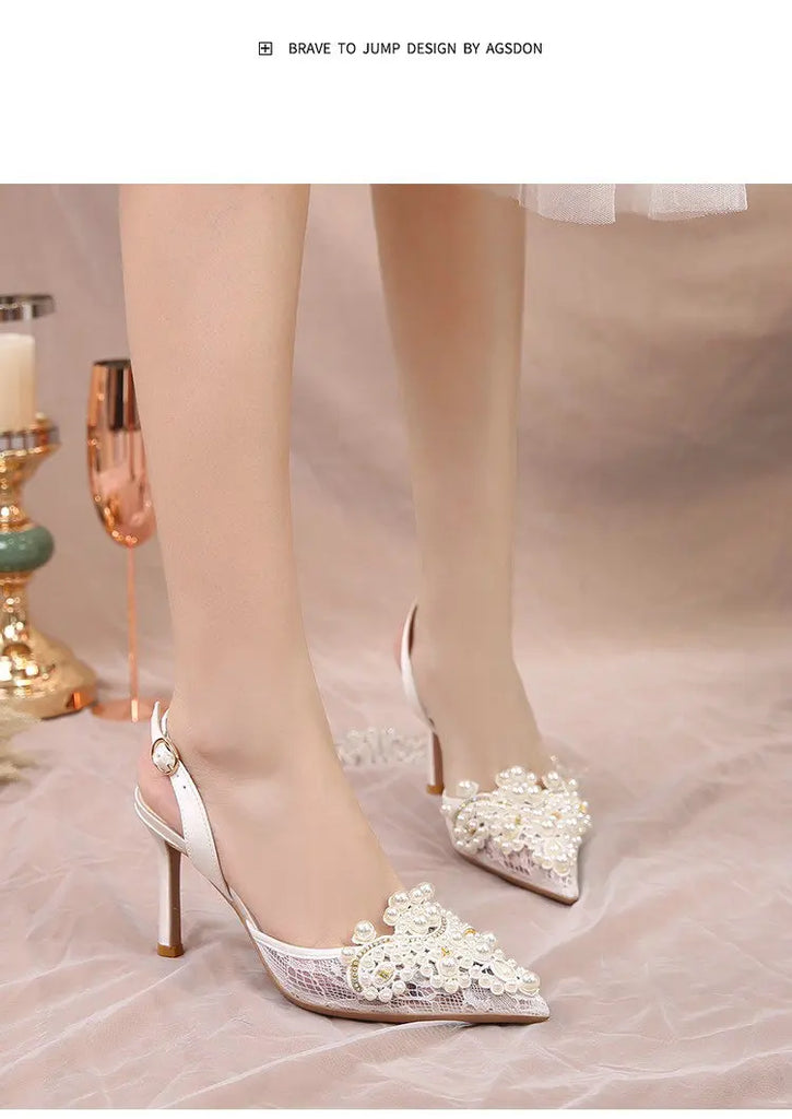 2025 White Wedding Shoes Bridesmaid Shoes Women's Lace Shoes Fashion High Heels Pearl Pumps