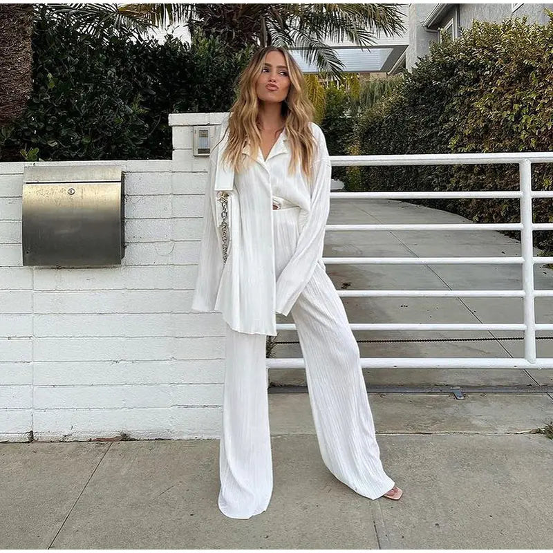 CM.YAYA Street Women's Set Long Sleeve Shirt Tops and Wide Leg Pants Elegant Tracksuit Two Piece Set Sweatsuit Fitness Outfits