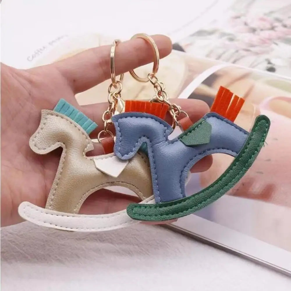 Cartoon Pony Rocking Horses Keyring Women Leather Charms Bag Pendant KeyChain Cute Animal Ornament Accessories Decoration Gift