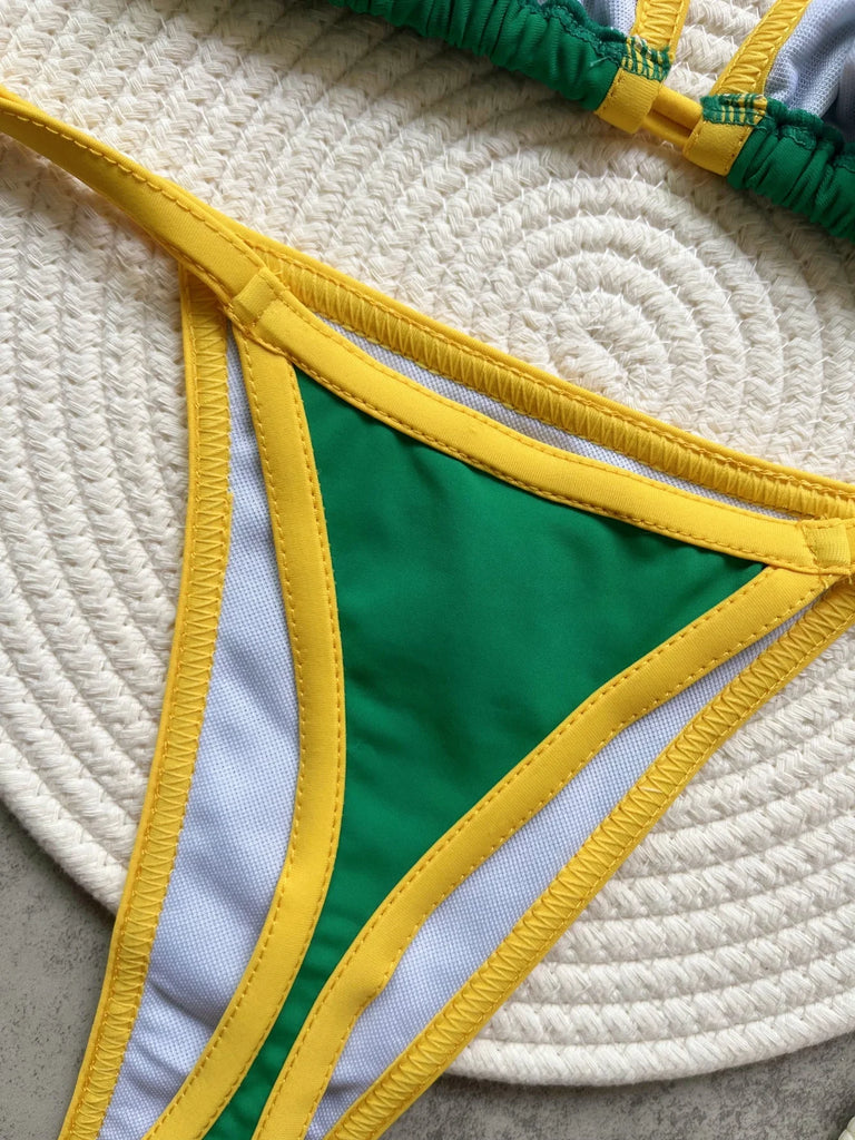 2026 Sexy Embroidery Brasil Flag Contrast Split Bikini Set Women Swimwear Patchwork Swimsuit Hottie Outfit SummerBeachwear