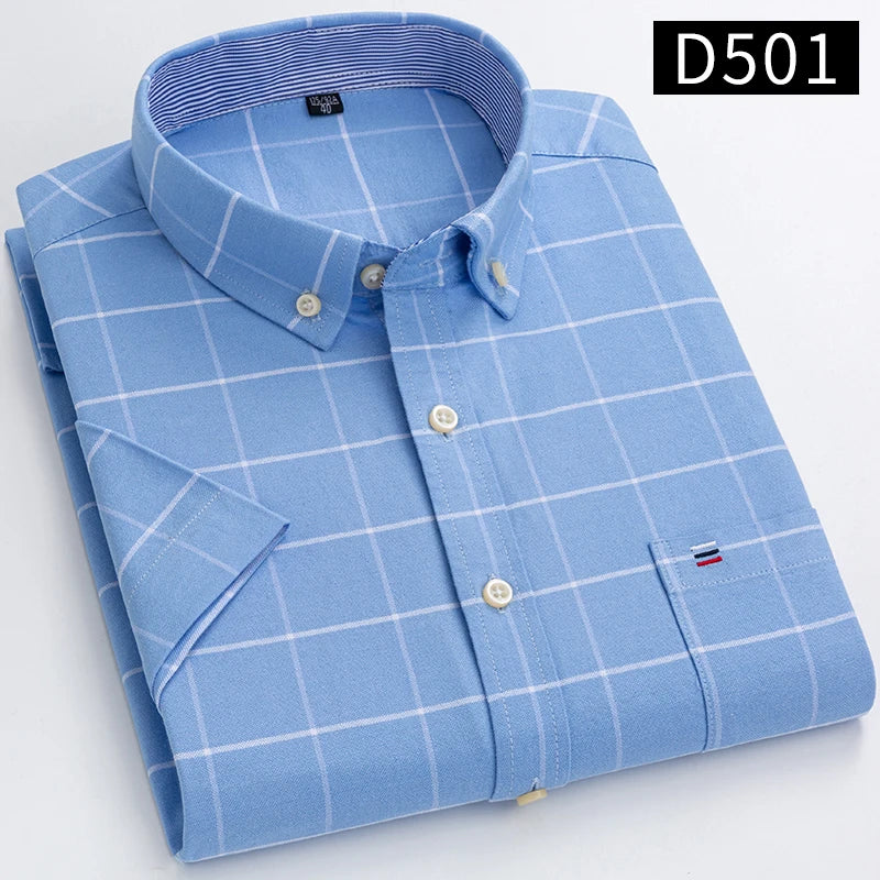 Men’s 100% Cotton Oxford Short‑Sleeve Shirt – Breathable Summer Plaid/Striped Business Casual (Regular/Oversized Fit)