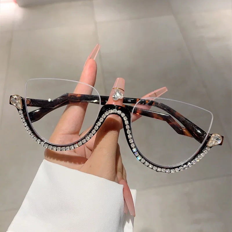 :Diamond Cat Eye Sunglasses for Women, Semi-Rimless Sun Glasses, Crystal Frame, Rhinestone Eyewear,Luxury Brand Designer,2023