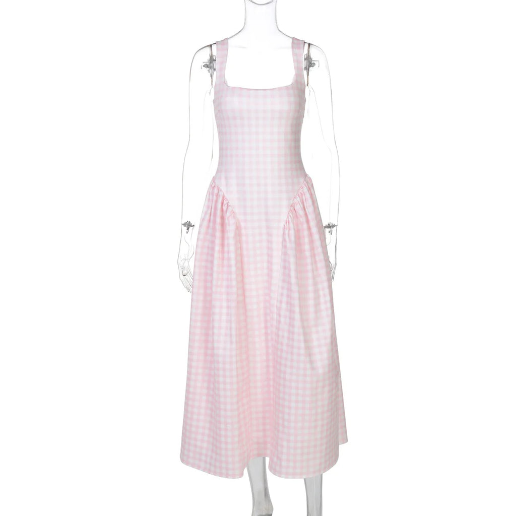 Mozision Plaid Printed Maxi Dress For Women Gown Summer New Spaghetti Strap High Waist A-line Backless Club Long Dress Vestido