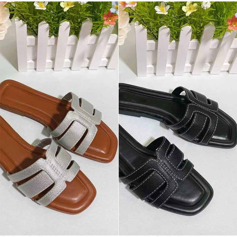 Women’s French Square Toe Slides — Multicolor H‑Slippers Summer Beach Sandals High‑Quality Designer Style