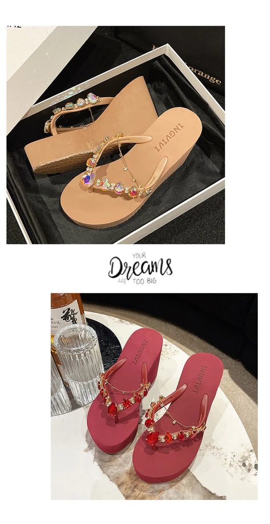 Women’s High Heeled Flip Flops — Diamond Slope Heel Slippers Elegant Beach Sandals