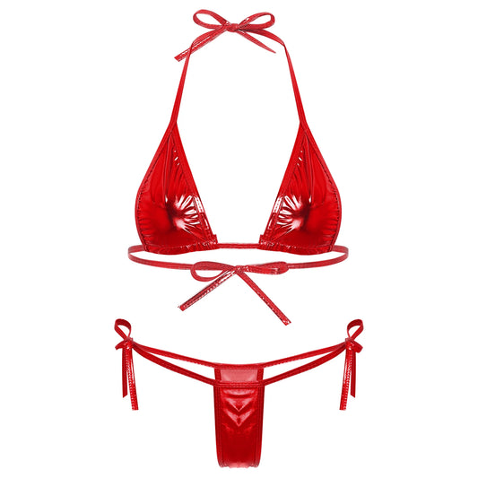 Women’s Metallic Shiny Bikini Set – Lacing Brazilian Micro Swimsuit with Triangle Top & G‑String Bottoms