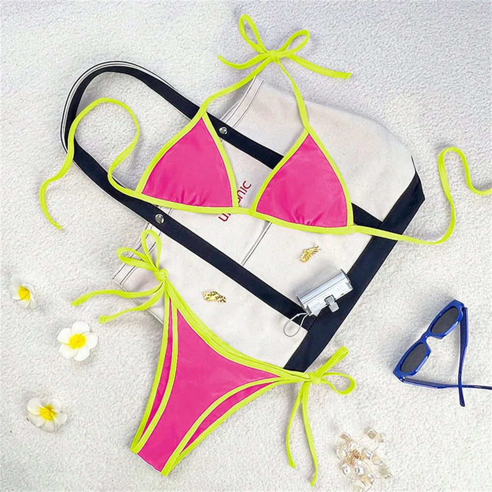 Women’s Vintage Blue Triangle Bikini – Border String Push‑Up Backless Extreme Swimsuit Beach Set
