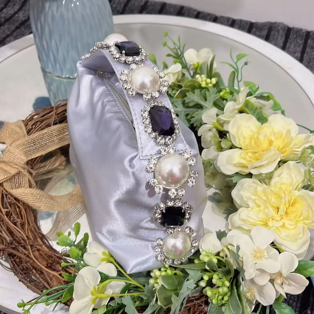 Luxury Designer Pearl Beaded Satin Hobo Bag Women Handbag Rhinestone Diamond Evening Bag Wedding Party Clutch Purse Shoulder Bag