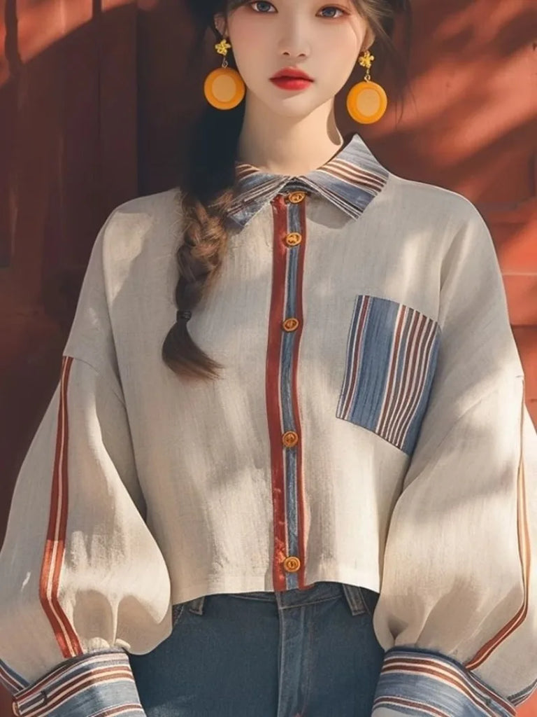 Vintage Women's Shirts Spring/summer New Chiffon Striped Women Blouses Loose Long Sleeve Top Patchwork Korean Clothing Sales