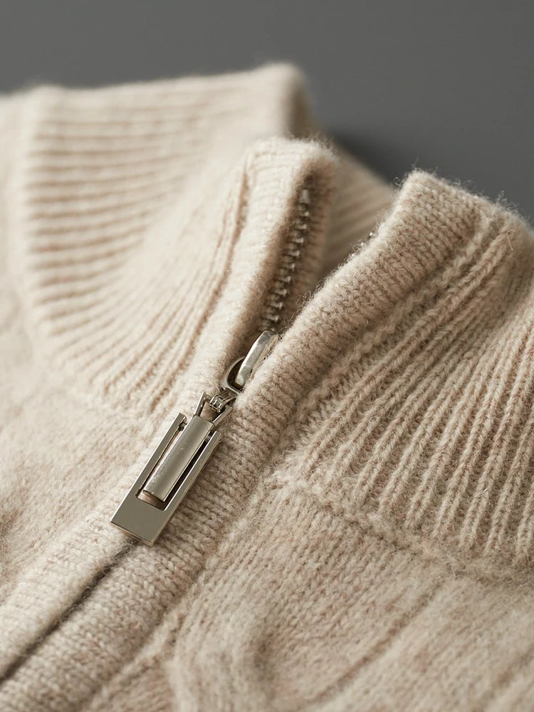 Autumn Winter Men Half Zippers 100% Merino Wool Sweater Thicken Twist Flower Pullover Retro Casual Cashmere Knitwear Solid Tops