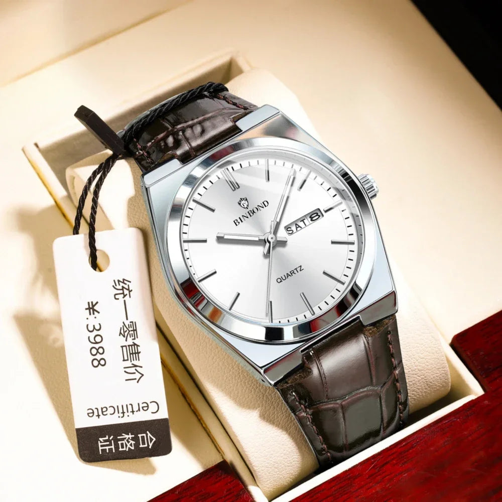 New Leather Casual Business Gold Clock Men Luxury Watch Automatic Watches Mens Fashion Quartz Wristwatches Gifts Reloj Hombre