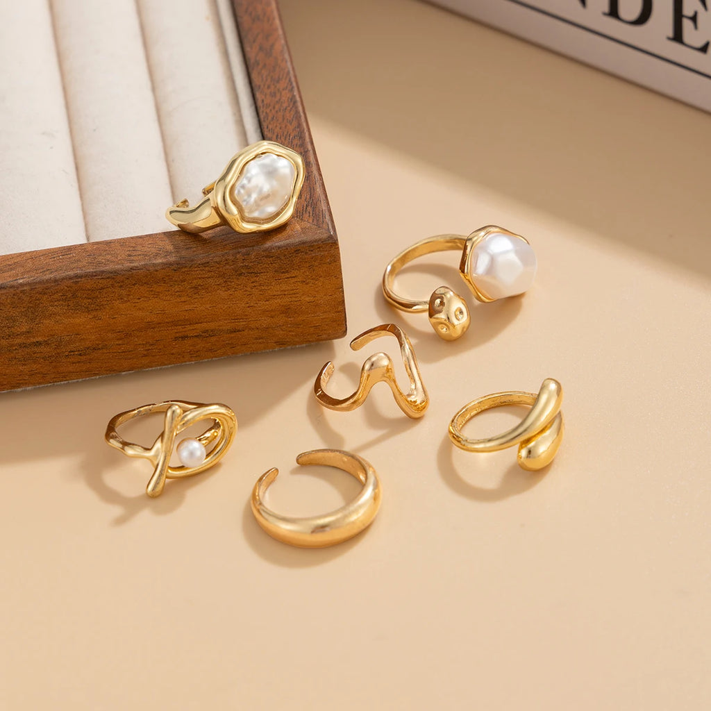 Ingemark 6‑Piece Boho Pearl & Metal Ring Set
