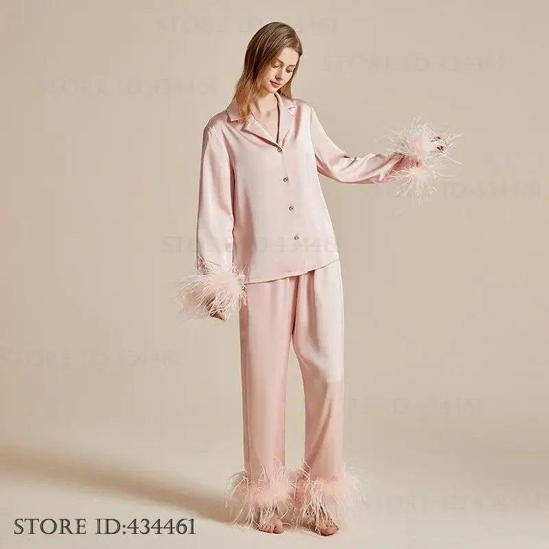 luxury feather‑trim satin pajama set