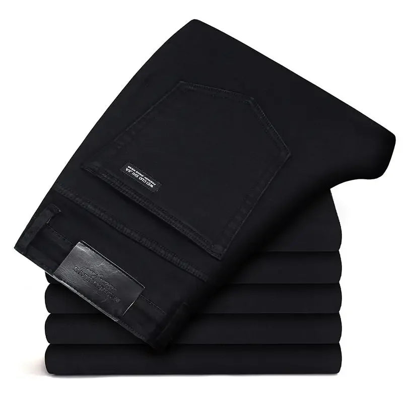 Men’s Stretch Black Biker Jeans – Classic Spring/Autumn Soft Denim Pants | Fashion Slim/Regular Fit Trousers