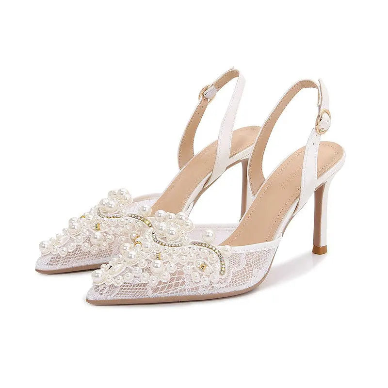 2025 White Wedding Shoes Bridesmaid Shoes Women's Lace Shoes Fashion High Heels Pearl Pumps