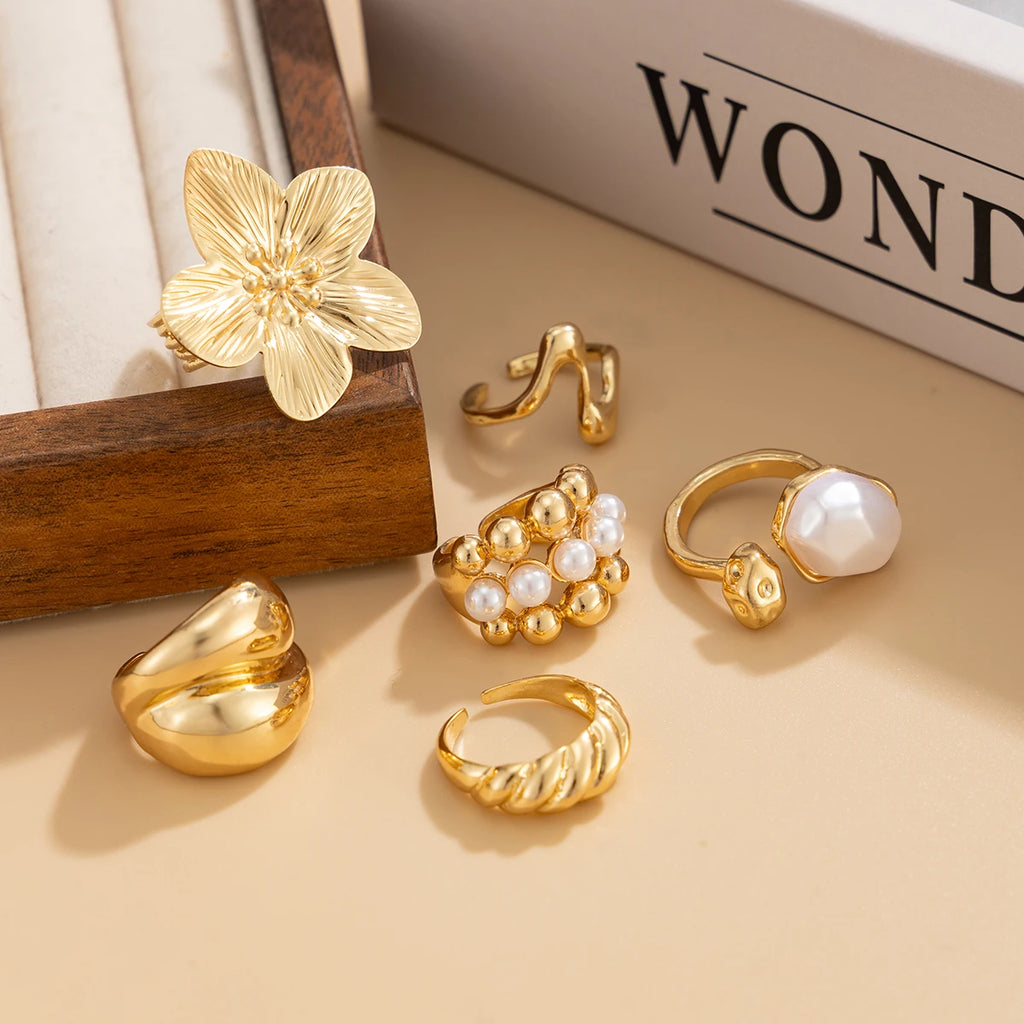 Ingemark 6‑Piece Boho Pearl & Metal Ring Set