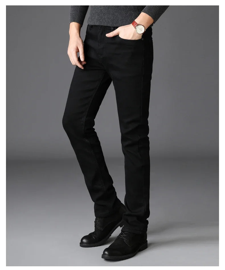 Men’s Stretch Black Biker Jeans – Classic Spring/Autumn Soft Denim Pants | Fashion Slim/Regular Fit Trousers