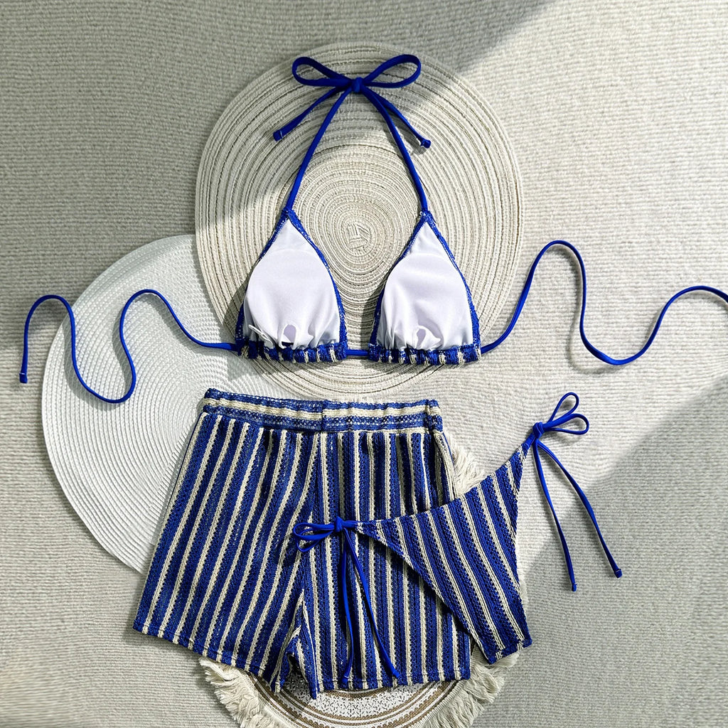 Women’s 2026 Striped 3‑Piece Bikini Set – Sexy Swimsuit with Skirt Beachwear