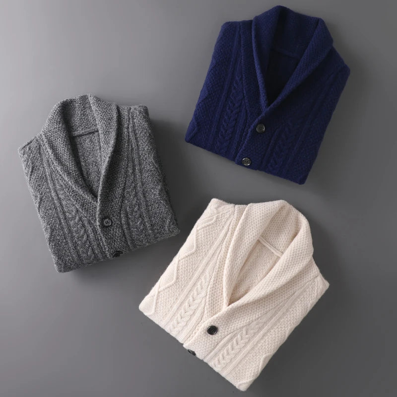Autumn Winter Men 100% Merino Wool knitted Cashmere Sweater Thick Jacquard Coat Turn-Down Collar Cardigan Smart Casual Chic Tops