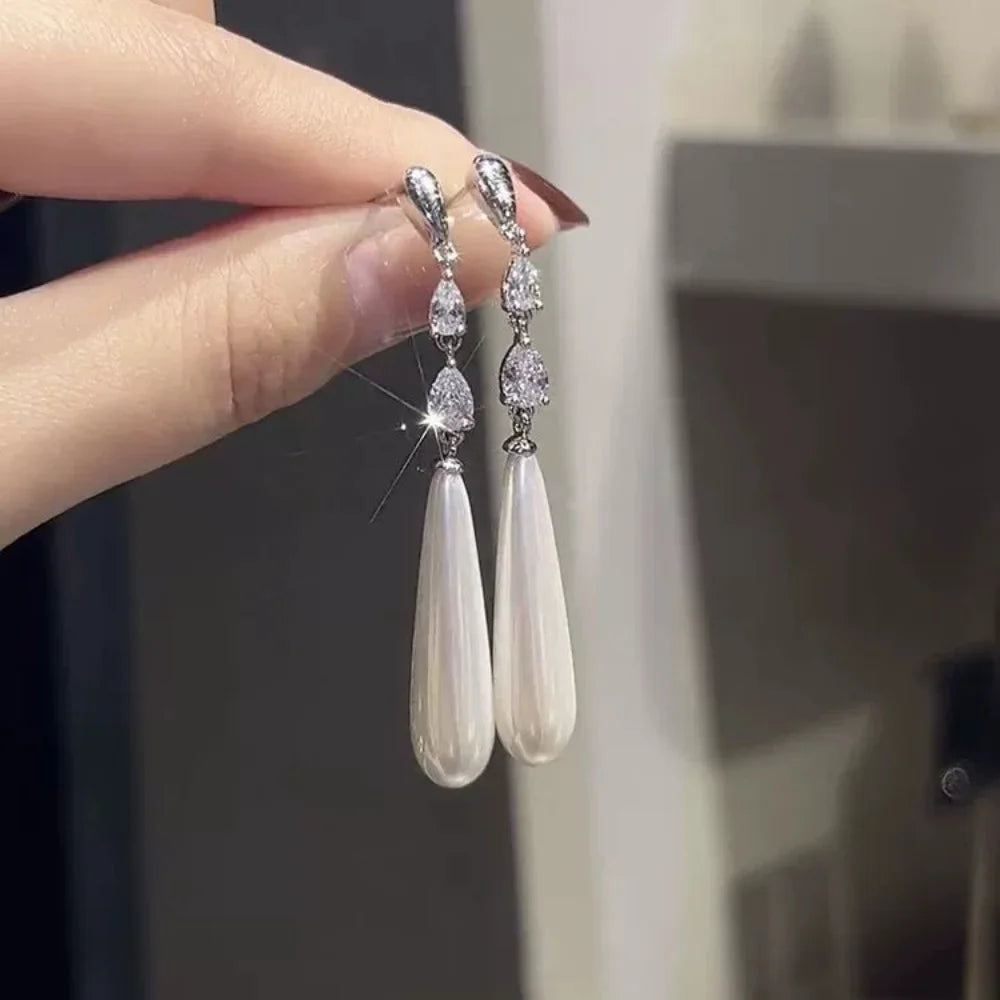 Geometric Zircon Simulated-pearl Water Drop Pendant Women's Earrings Classic Trendy Style Versatile Chinese Style Jewelry Gift