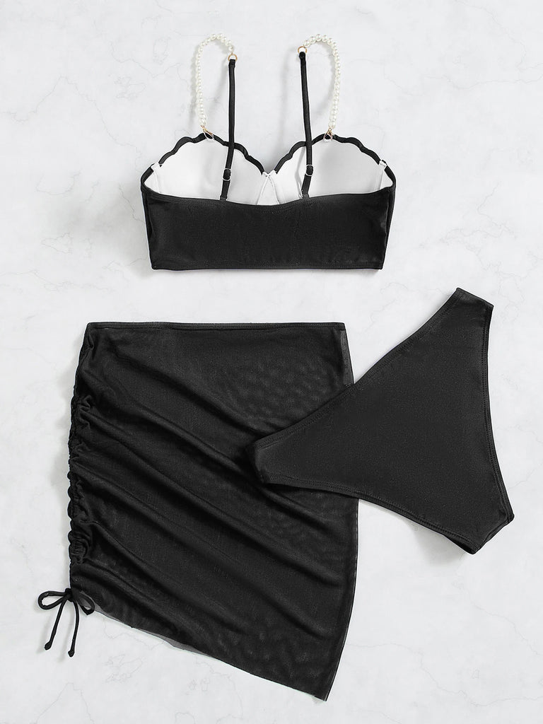 Women’s Shell‑Bra Push‑Up Bikini – 3‑Piece Pearl Strap Swimsuit with Beach Skirt 2023