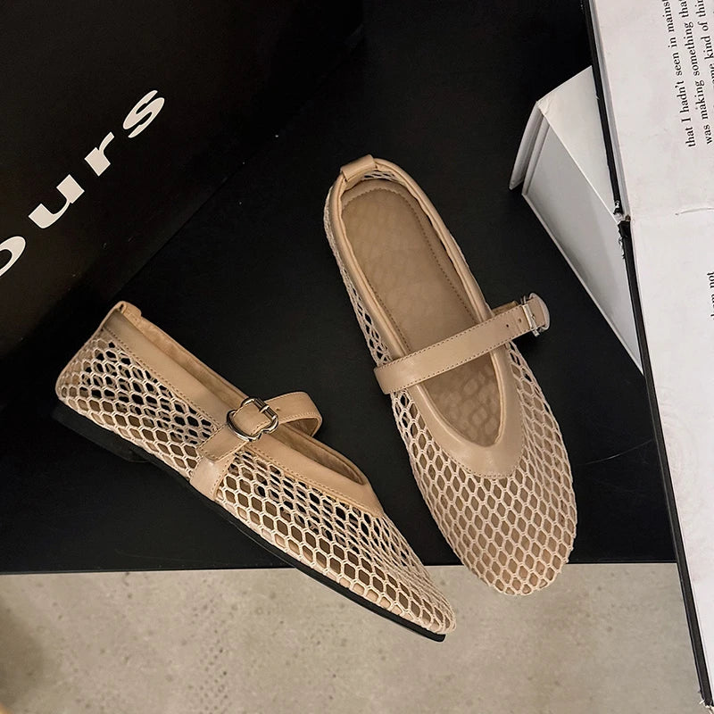2025 Women’s Round Toe Flat Shoes — Breathable Hollow Ballet Mary Jane Sandals Casual Designer Style