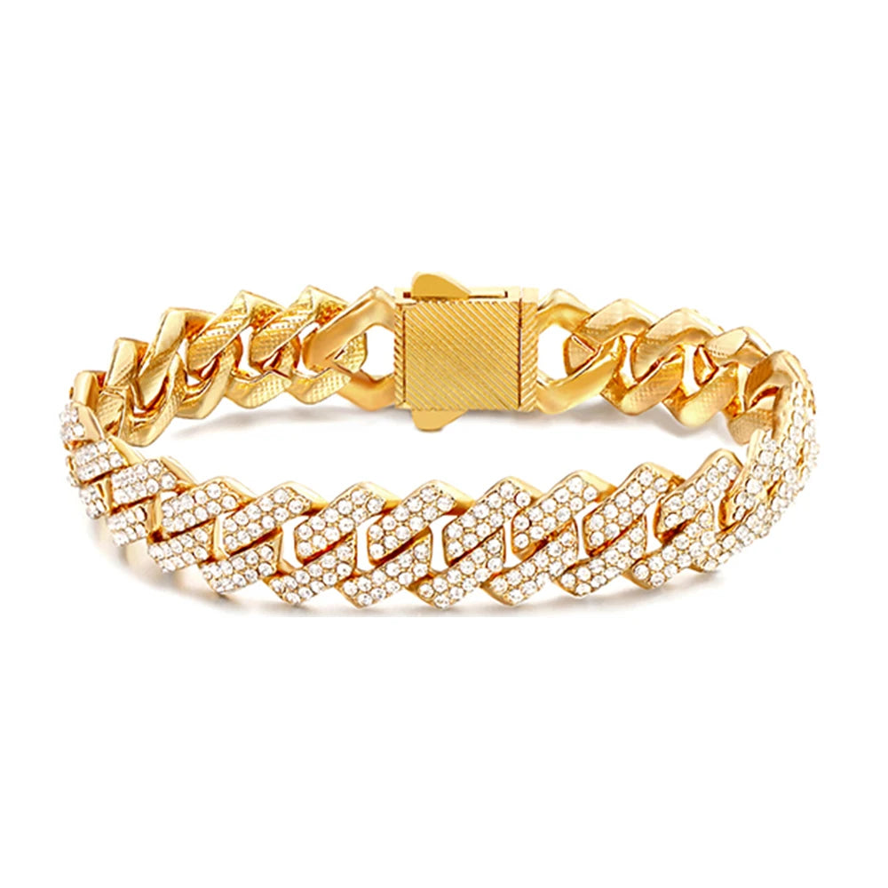 1Pcs 13/14MM Cuban Chain Bracelet for Men Women Prong Miami Rhinestones Cuban Bracelets Wristband Hiphop Gifts Jewelry