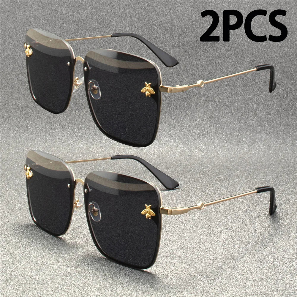 New Fashion Lady Oversize Rimless Square Bee Sunglasses Women Men Small Glasses Gradient Sun Glasses Female UV400