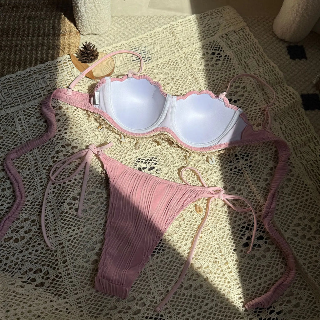 Women’s White Shell Bikini Set – Ruffled Push‑Up Underwire Thong Swimsuit with Starfish Ornaments 2025
