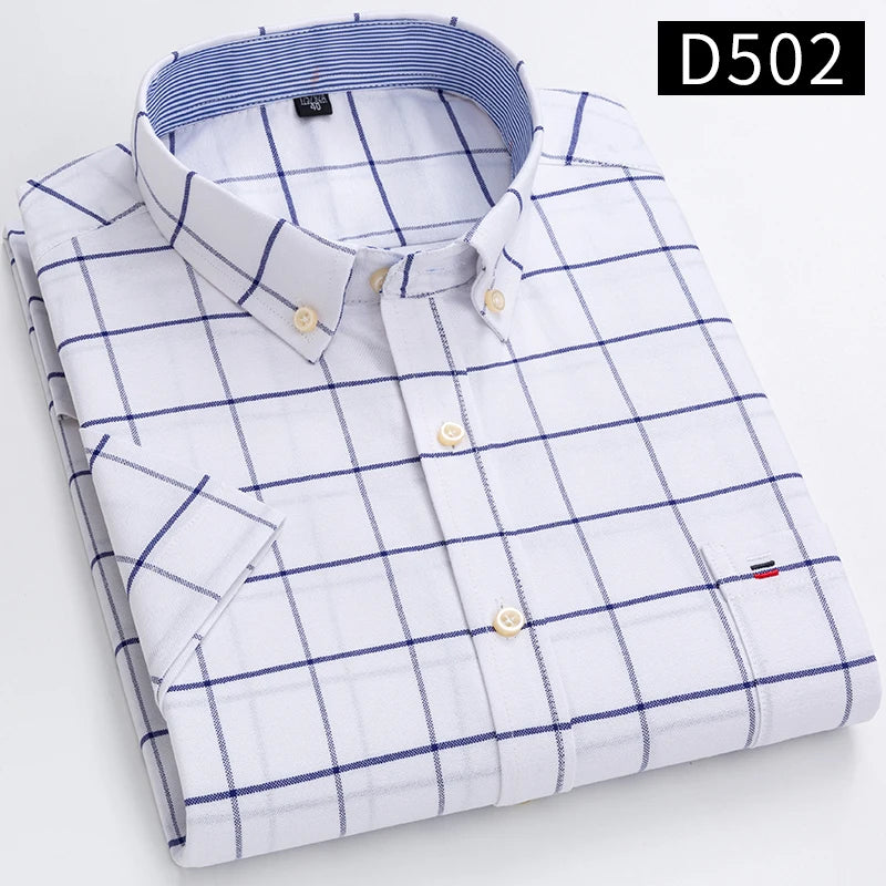 Men’s 100% Cotton Oxford Short‑Sleeve Shirt – Breathable Summer Plaid/Striped Business Casual (Regular/Oversized Fit)