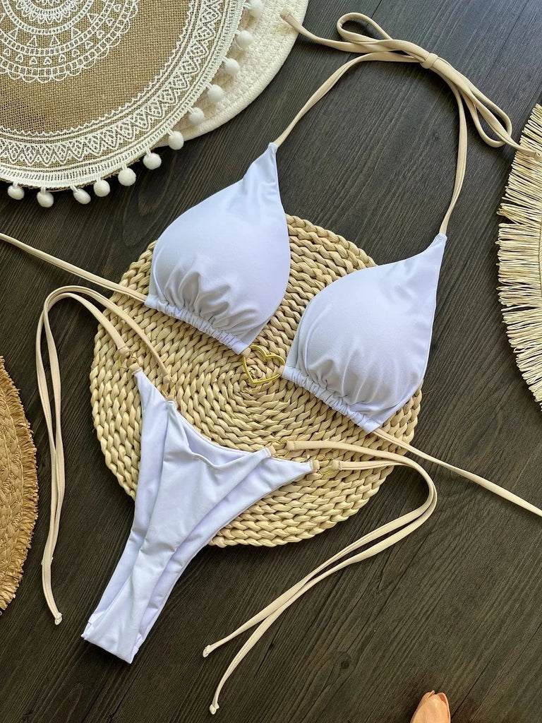 Women’s Sexy Halter Triangle Bikini – Low‑Waist Brazilian Thong Two‑Piece Swimsuit (Solid Color)