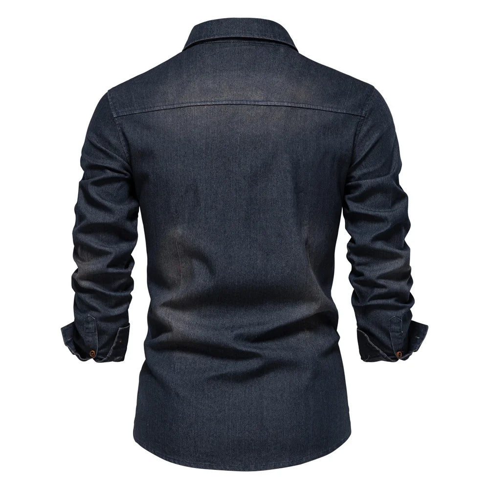 Men’s Elastic Cotton Denim Shirt – Slim‑Fit Long‑Sleeve Cowboy Western Casual Top | AIOPESON Designer Style