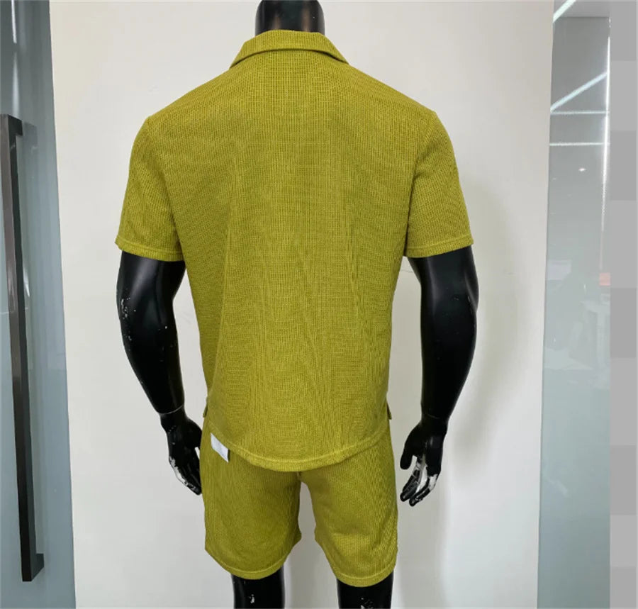 Breathable Knitted Men‘s Shorts Set Summer Casual Short Sleeve Shirt and Shorts Two Piece Suits Men Outfits Sports Clothes