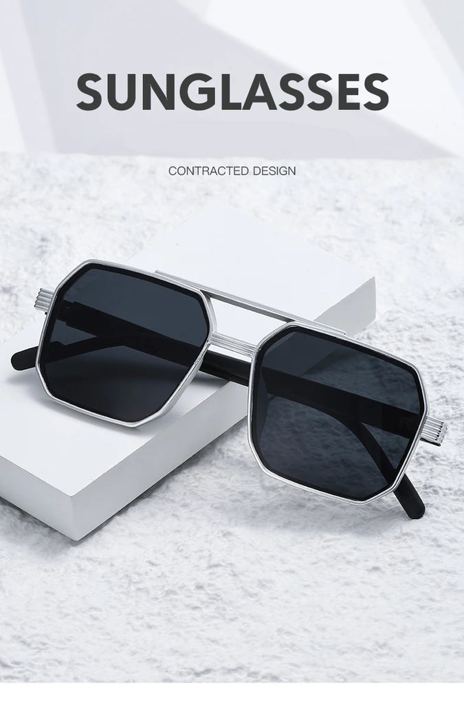 Car Sun Glasses New Fashion Double Beam Polygonal Sunglasses Retro Personalized Trendy Large Frame Eyewear European and American