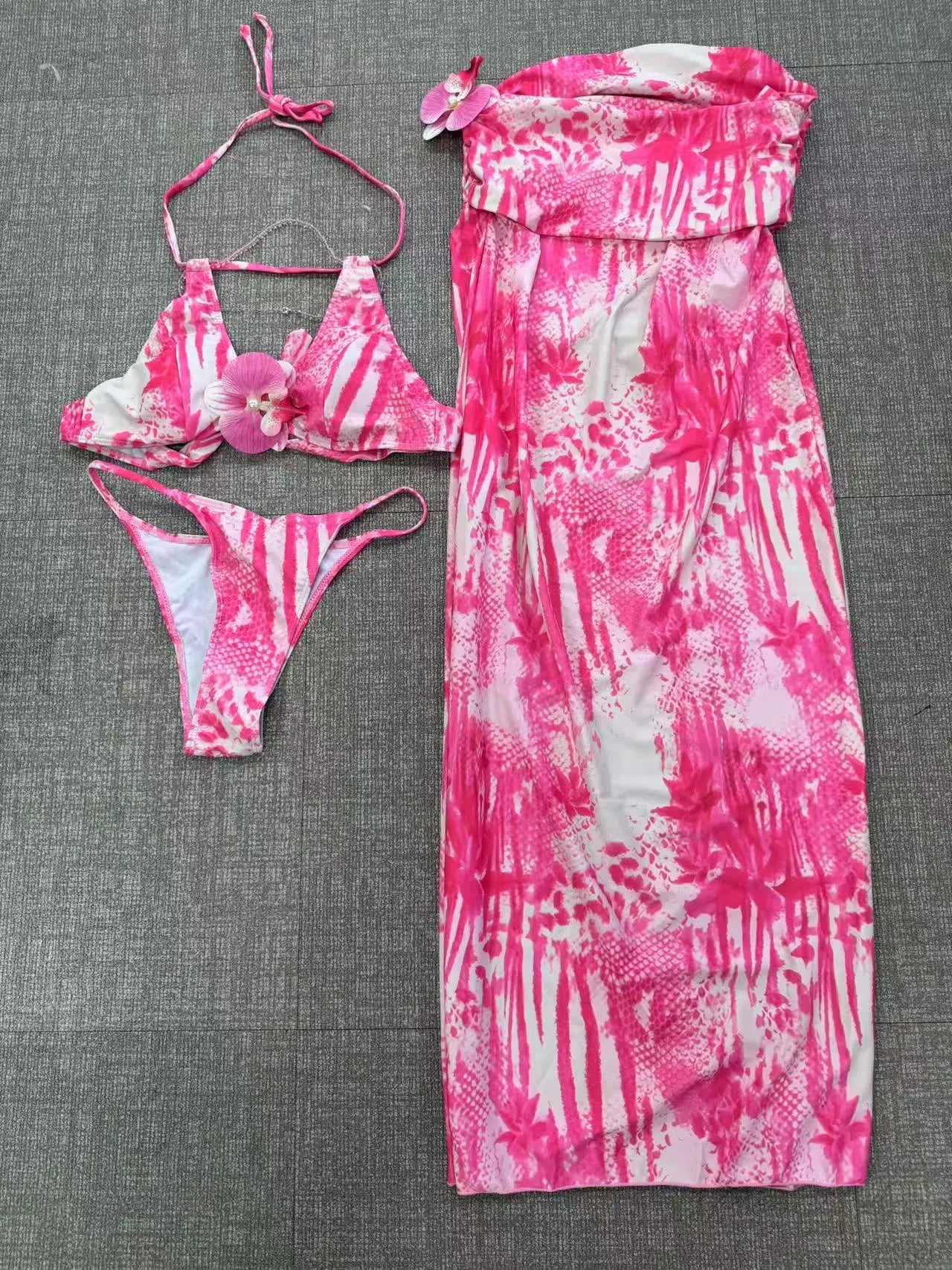 Flower Print 3‑Piece Bikini Set