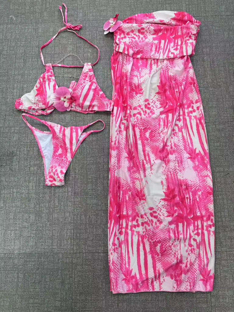 Women’s 2025 Flower Print One‑Shoulder 3‑Piece Bikini Set with Cover‑Up – Sexy Summer Beachwear