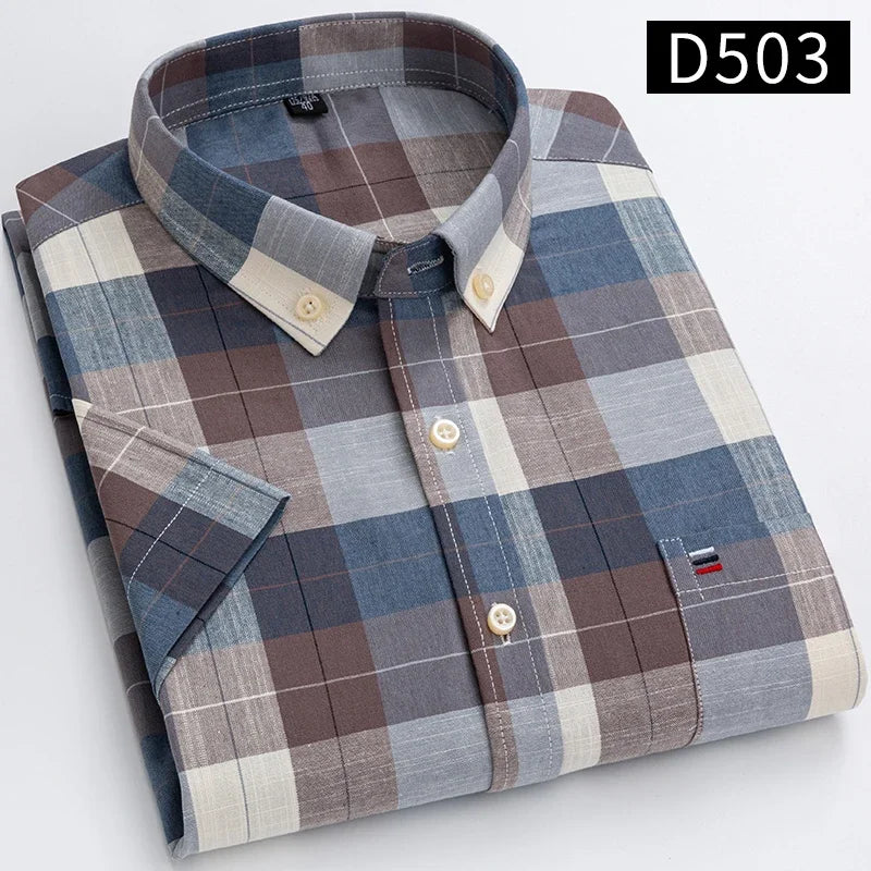 Men’s 100% Cotton Oxford Short‑Sleeve Shirt – Breathable Summer Plaid/Striped Business Casual (Regular/Oversized Fit)