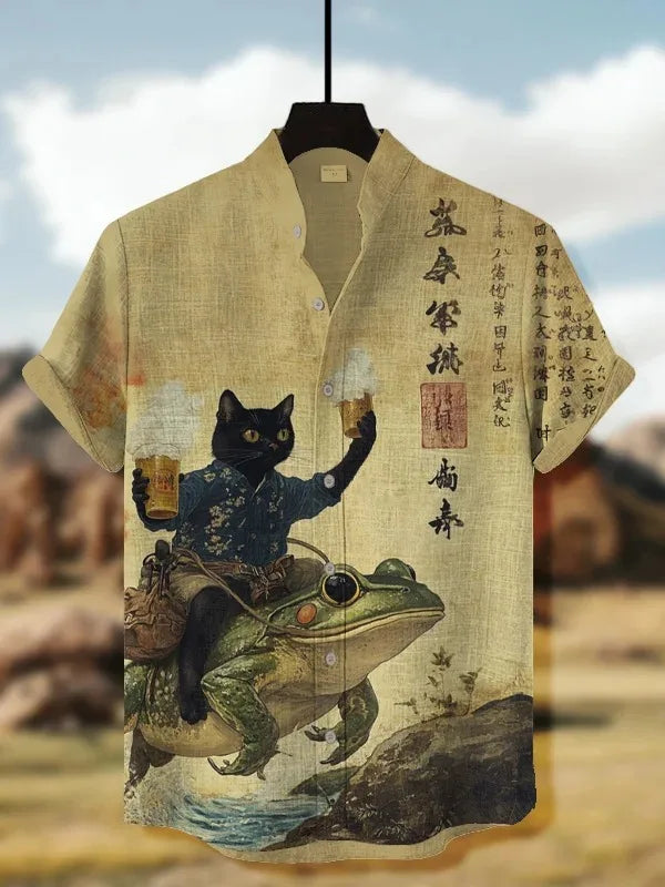 Men's Retro Cat Shirt Funny Calligraphy Dinosaur Volcanic Eruption Print Short Sleeve Holiday Outwear Vintage Japanese Clothing