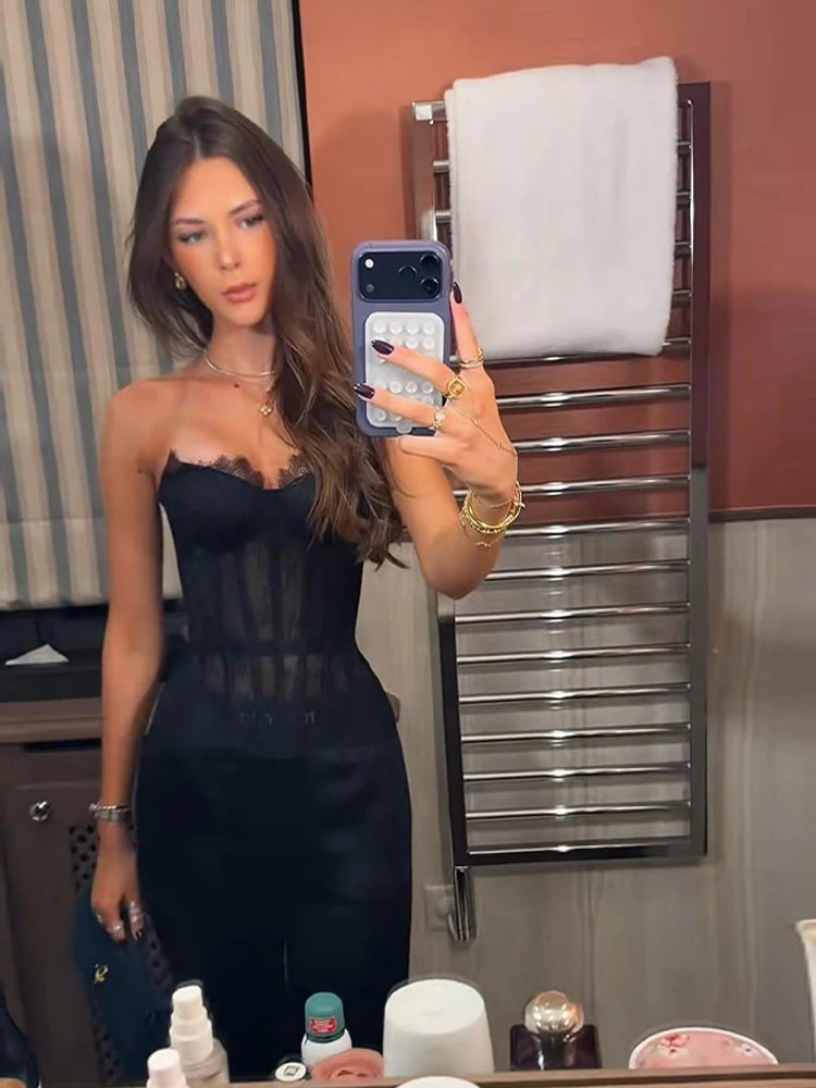 Transparent Lace Fishbone Lace Up Tube Tops Women Sexy Strapless Sleeveless Backless Hollow Out Sheath Top Spring Lady Clubwear